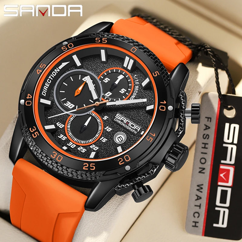 SANDA Fashion Casual Sports Men sledujte vodotesný svetelný chronograf Dátum Rábne náramky Luxusné vojenské kremeňové hodinky Pánske hodinky