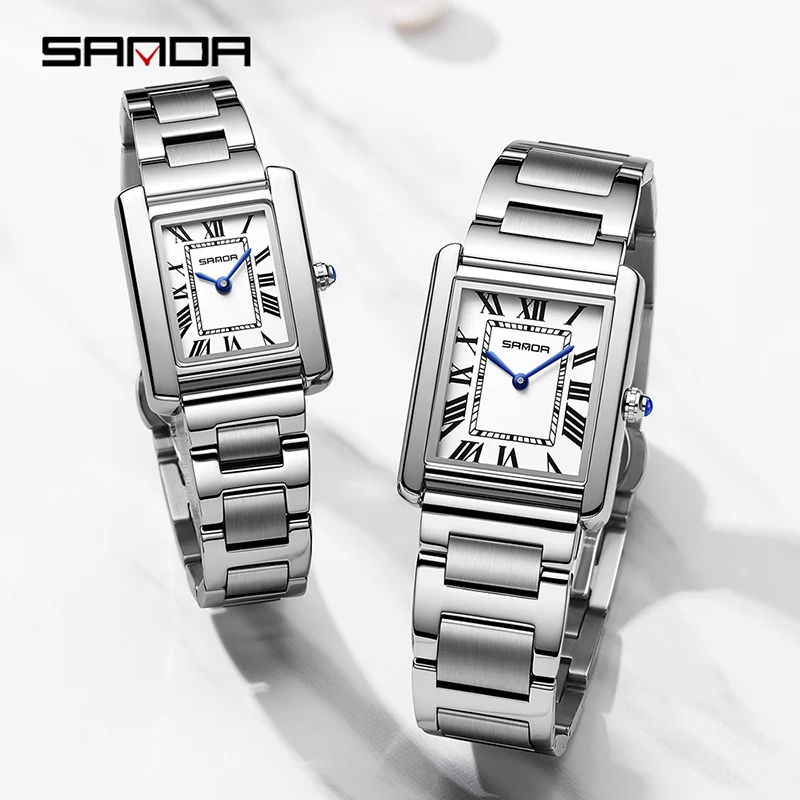 Sanda Men Quartz hodinky vodotesný neformálny módny pár hodinky odolné voči nerezovému remienku štvorcový dizajn dizajn žien milenec darček
