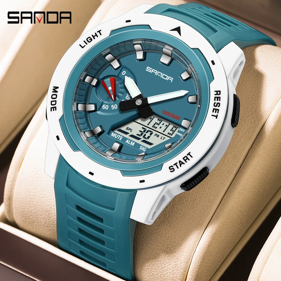 Sanda New Fashion Outdoor Sport Watches Muž viedol digitálny vojenský štýl hodinky 5ATM vodotesných mužov duálne zobrazenie Quartz náramky