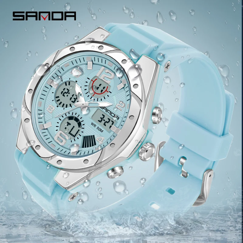 SANDA Pohodlné hodinky Ženy Dvojité zobrazenie Unisex Wristwatch 2025 Módna živica Men sledujú svetelné zastávky hodinky 6062