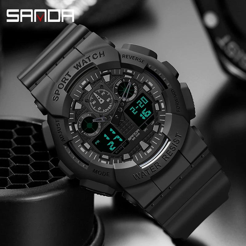Sanda Sport Watch Dual Time Muži hodinky 50 metrov vodotesné mužské hodiny vojenské hodinky pre mužov šok Resisitant Sport Watches Darčeky