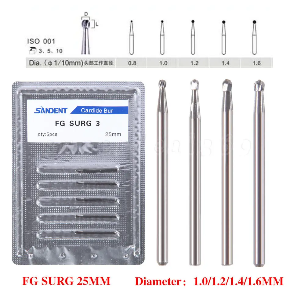 Sandent Dental Burs Chirurgický vysokorýchlostný násadec FG Surg 2 3 4 5 Dĺžka Bur 25 mm