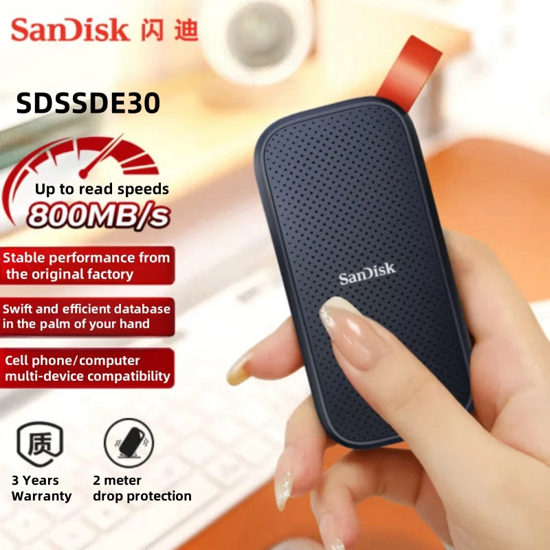 Sandisk E30 1TB 2TB Prenosný SSD - až 800 MB/S, USB -C, USB 3.2 Gen 2, Aktualizovaný firmvér - externá jednotka Solid State - SDSSDE30
