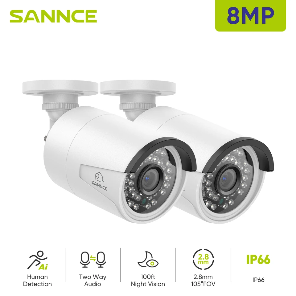 SANNCE 4K Poe Camera Night Vision IP66 Obojsmerná hlasová detekcia ľudskej detekcie 2,8 mm vonkajšie video 8MP bezpečnostné CCTV fotoaparát CCTV