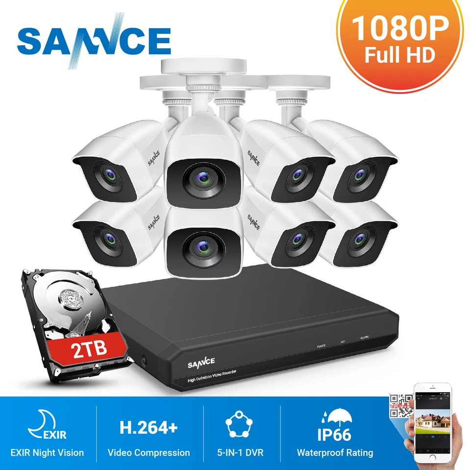 SANNCE 8CH 1080P 2,0MP HD CCTV System Video Recorder 8ks 1080p CCTV bezpečnostná kamera Nepremokavé nočné videnie sledovacích súprav