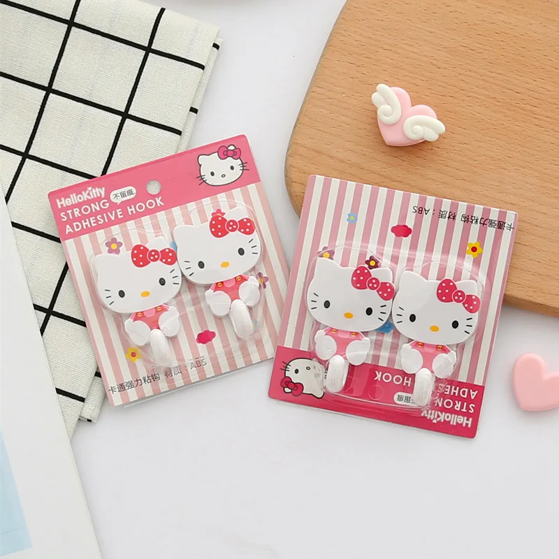 Sanrio 2pcs Set Hello Kitty Self Adhesive Hooks Silné lepkavé roztomilé úložné úložisko Dvere Wall Multifunkcia Hook Dekorácie