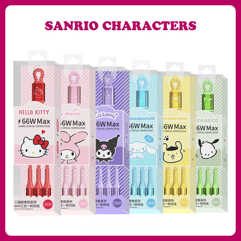 Sanrio 66W Super rýchle nabíjacie dátový kábel jeden až tri Universal 6A Darčekový nabíjací kábel tri v jednom cukrovom kábele