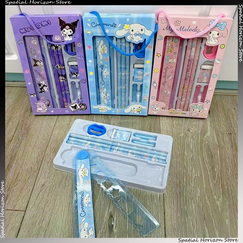 Sanrio 8pcs Stationaly Set Cartoon Hello Kitty Pencils Gumáre vládcov Melody Kuromi Študenti papiernictva kancelárske potreby darček