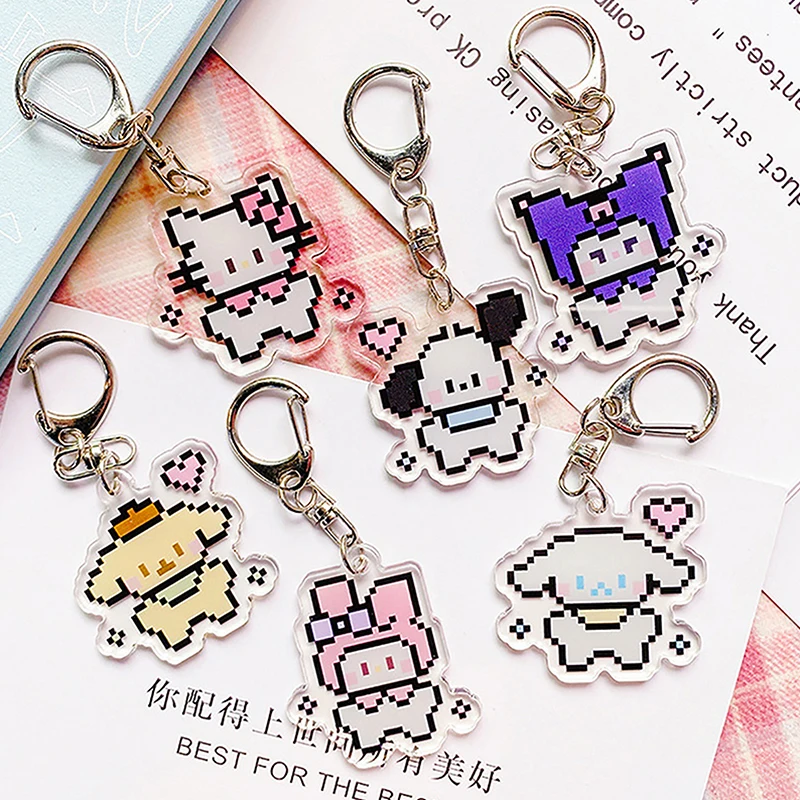Sanrio Anime Hello Kitty Pixel Style Acryl Keychain Roztomilý karikatúra Cinnamonroll Pochacco Creative Batoh Hanger Decorácie auto