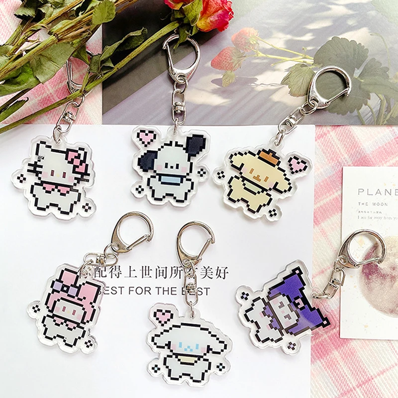 Sanrio Anime Hello Kitty Pixel Style Acryl Keychain Roztomilý karikatúra Cinnamonroll Pochacco Creative Batoh Hanger Decorácie auto