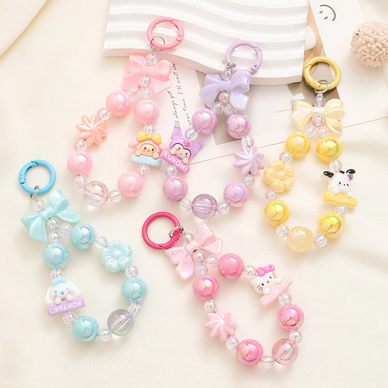 Sanrio Anime Kuromi Melody Bead korálky Cinnamoroll Hello Kitty Keychain Telefónový reťazový reťazec Rings Rings Bag Pendant Telefón Popok