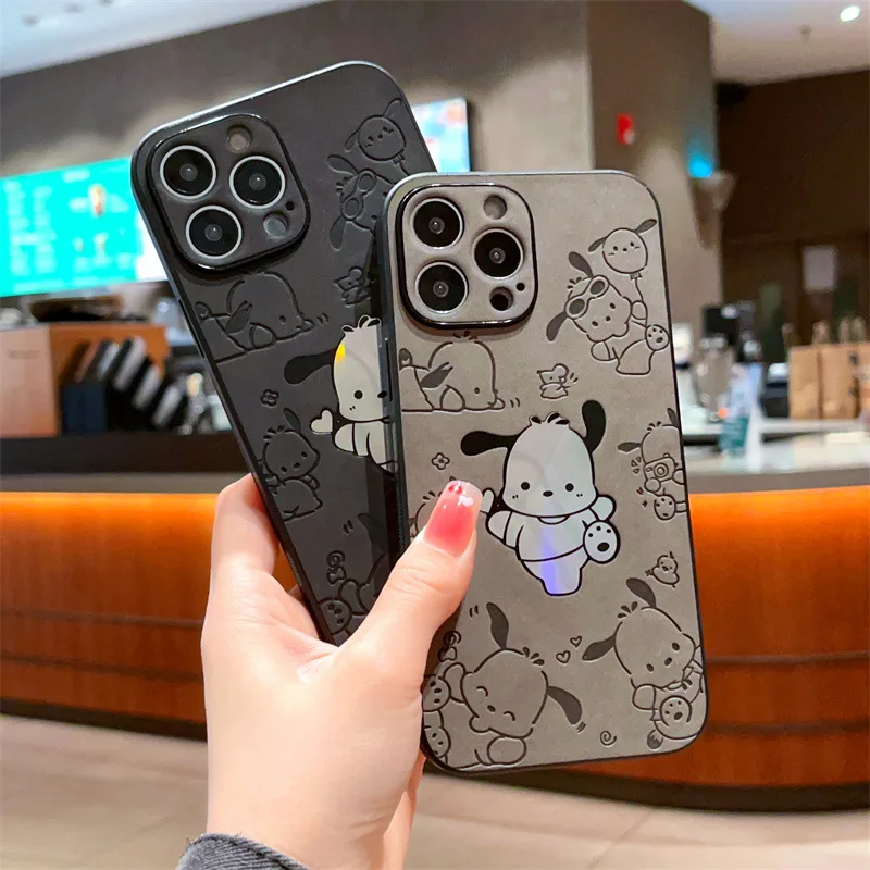 Sanrio Anime Pochacco Puppy Leather Embossing Laser Telefón puzdro pre iPhone 15 14 13 12 11 Pro Max xr 7 8 14 plus puzdro Roztomilý kryt