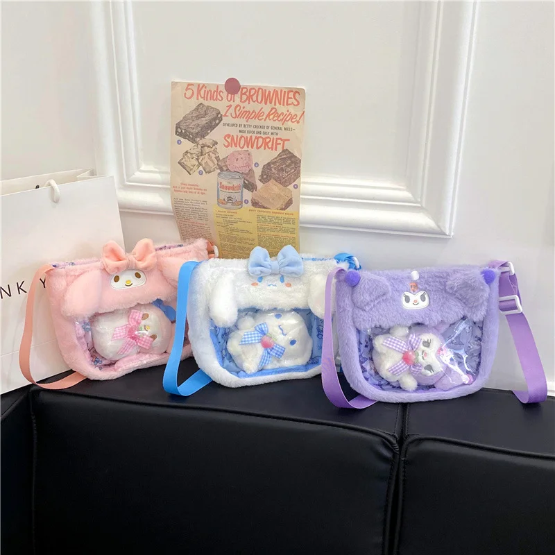 Sanrio Bag Japanese Cute Transparent Anime Diagonal Bag Kawaii My Melody Cinnamoroll Kulomi plyšové darčeky pre deti pre deti