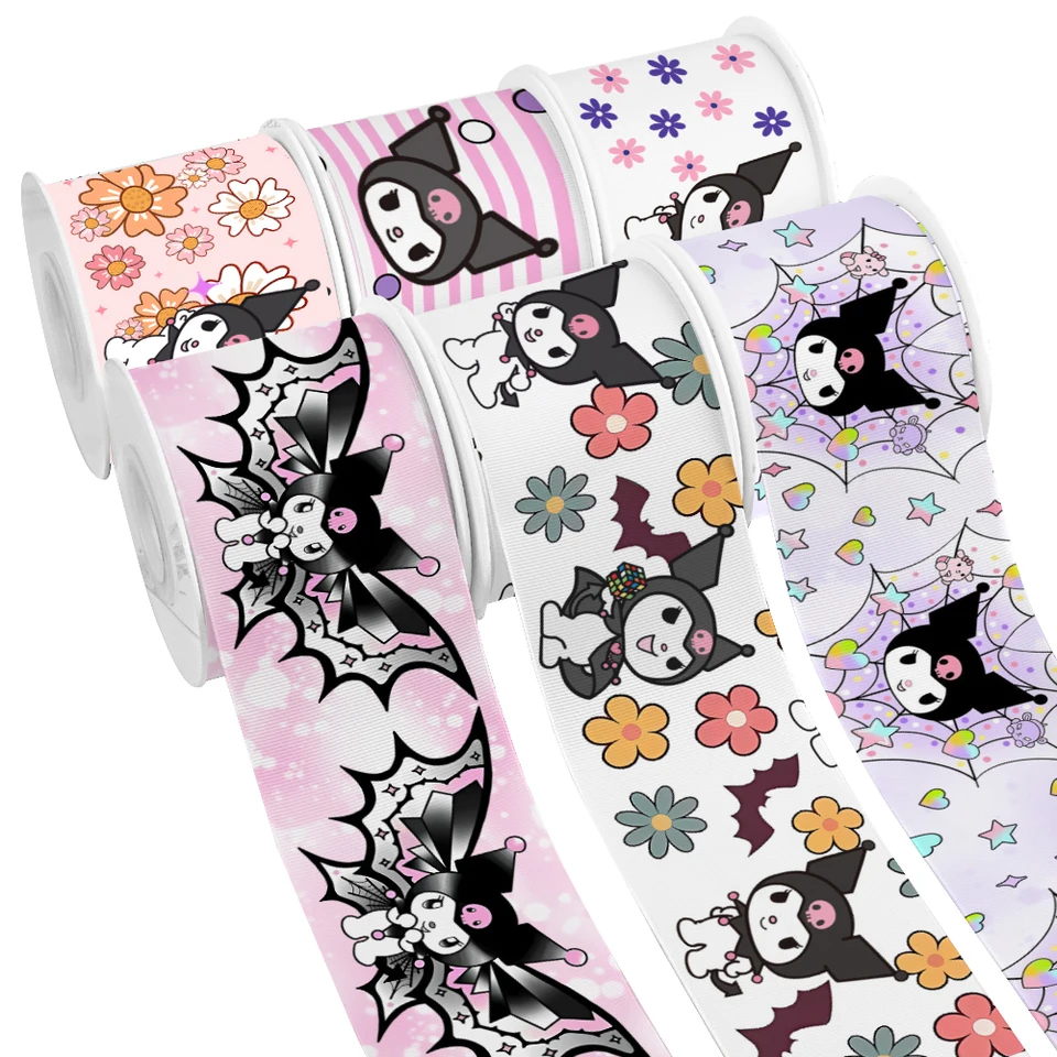 Sanrio Cartoon Black Kuromi Character Pattern Design Tlačené grosgrain saténové stuhy pre darček balenie vlasov na vlasy 50 yardov