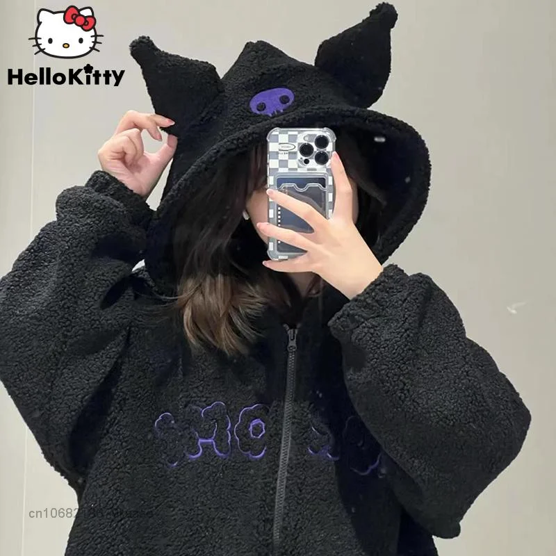 Sanrio Cartoon Kuromi oblečenie Ženy čierne výšivky mikiny y2k estetické vrcholy Jeseň tenký kabát ženská móda voľná mikina mikiny