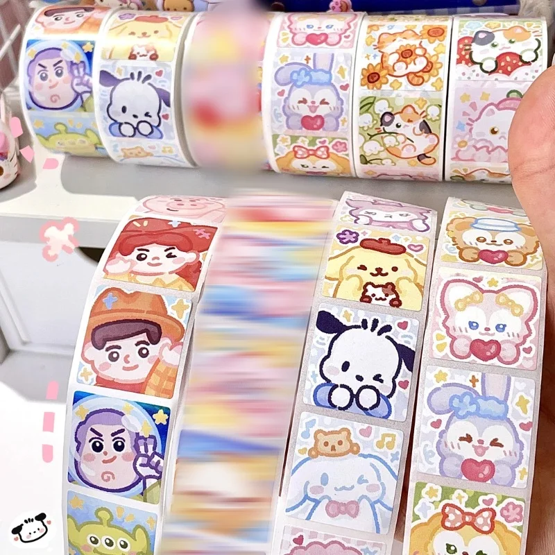 Sanrio Cartoon Sticker Roll/500ks roztomilý Cinnamoroll My Melody Kuromi Reward Stickers