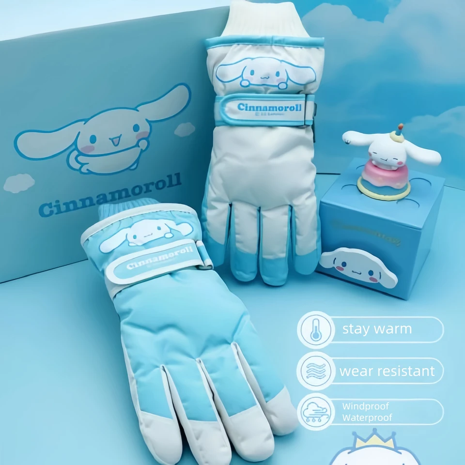 Sanrio cinnamoroll lyžiarske lyžiarske rukavice kawaii vonkajšie zahustené teplé rukavice Cinnamoroll mäkký plyšový zimný sneh roztomilé rukavice darček