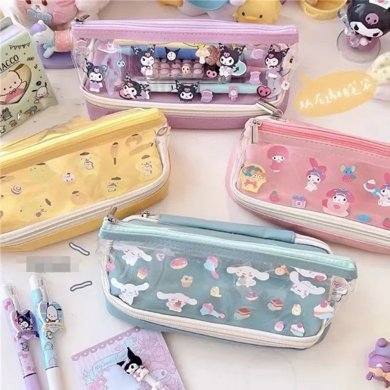 Sanrio cinnamoroll pompom purinkuromi moja melódia roztomilý kawaii študent candy farebný priehľadný dvojitý zips slepka na ceruzku s ceruzkou