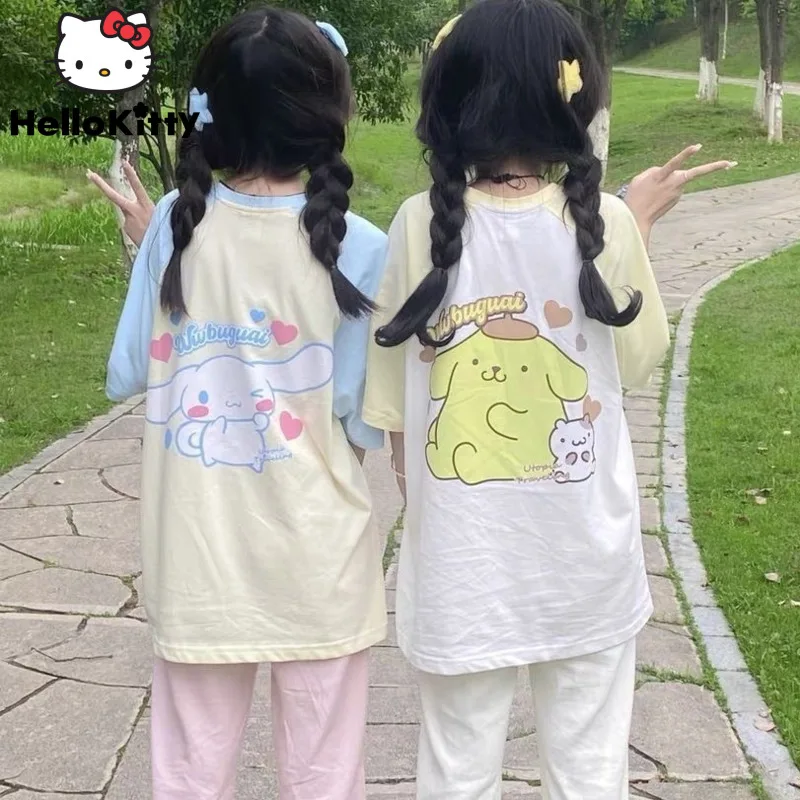 Sanrio Cinnamoroll y2k Kórejský štýl Loose Tees Cartoon Melody Kuromi Cotton Tričká s krátkym rukávom Dámske