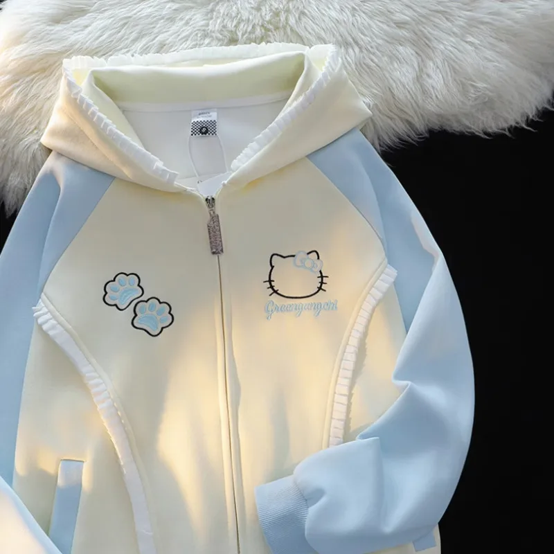 Sanrio Cute Cartoon Hello Kitty Unikátna dizajnová mikina Ženy Nový trend voľný zipsový kabát japonský štýl Niche kawaii mikina