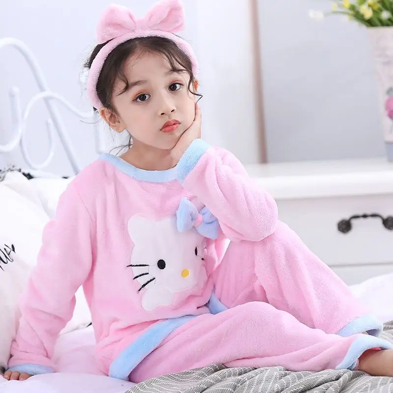Sanrio flanel detské pyžamy set hello mačiatko cinnamoroll zima zahustená zimná spánok