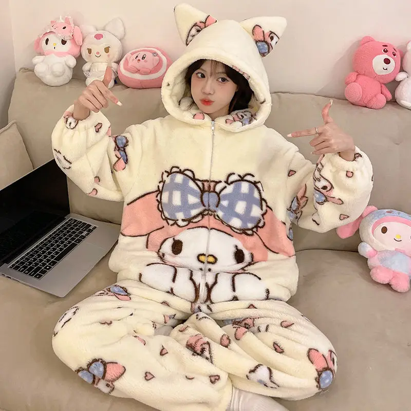 Sanrio Girl Coral Fleece Zimná kapucňa zahusťujúca pyžama sada kawaii moja melódia komik