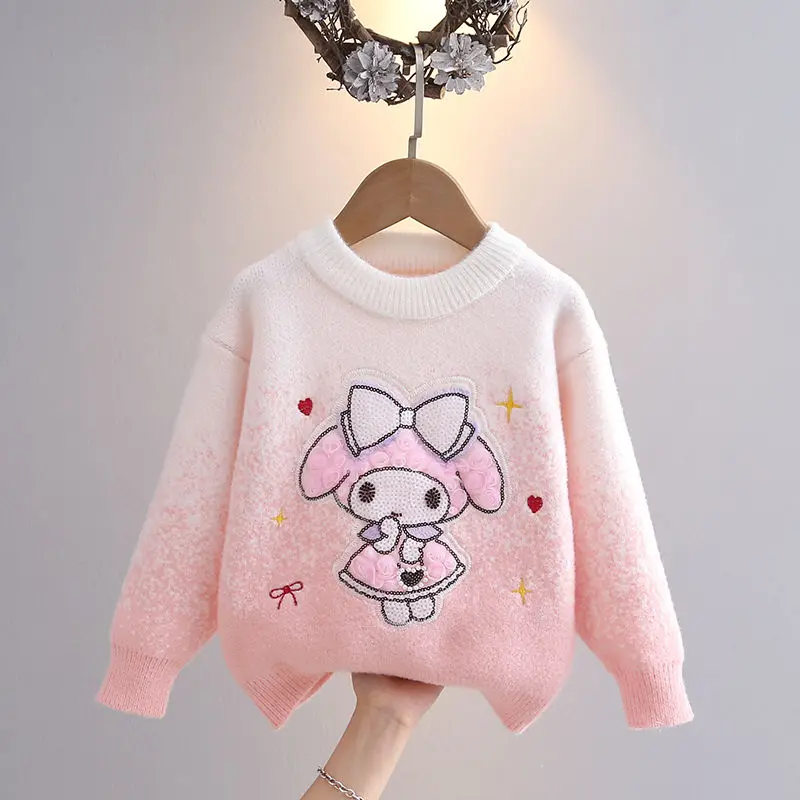 Sanrio Girl pletený sveter Jeseň zimné deti karikatúra moja melódia jacquard teplý dlhý rukáv s dlhým rukávom Top Teen Gradient Pullover