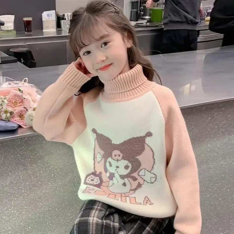 Sanrio Girl Turtleneck pletený sveter so zamatovými zahusťovacími bavlnenými odevmi kuromi ahoj mačiatko Kawaii deti zimná karikatúra