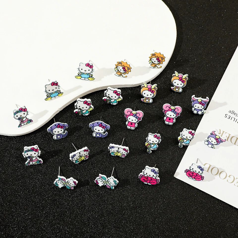 Sanrio Hello Kitty 12 Zodiac Signs Creative Acryl Stud náušnice pre ženy dospievajúce dievčatá Sladké roztomilé náušnice Darčeky