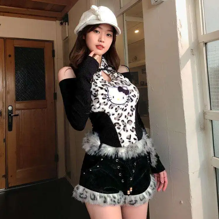 Sanrio Hello Kitty American Sexy Sweet Picy Girl Tees Leopard Print Patchwork Tričko s dlhým rukávom Dám