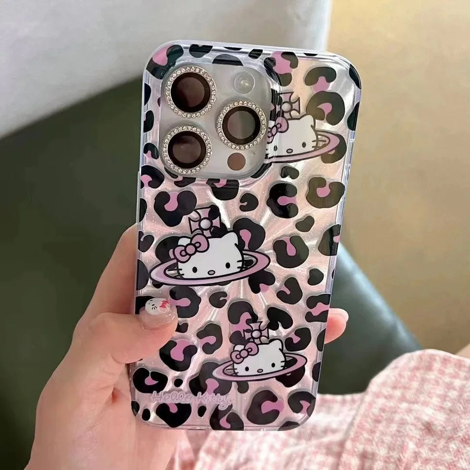 Sanrio Hello Kitty Bow Pink Lepard Print Pase Pase pre iPhone 16 15 14 13 12 11 Pro Max xr xs Max 7 8Plus Mini Y2K laserový kryt