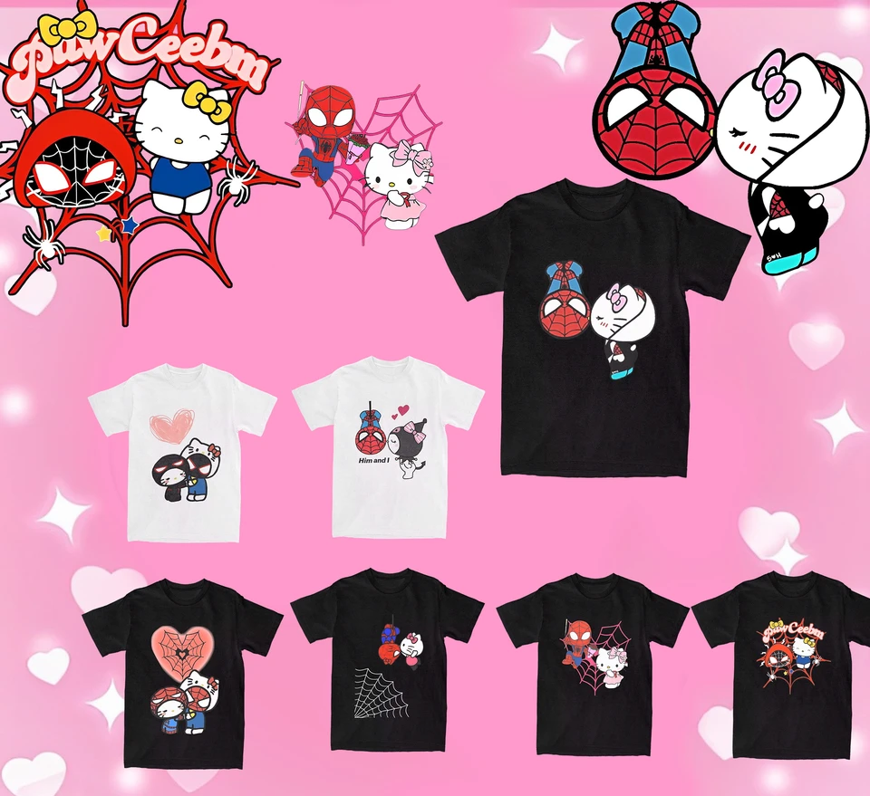 Sanrio Hello Kitty Cartoon Spiderman Love 100% bavlnené tričká Hip Hop Tee Tirker for Men Y2K Príležitostné tlačené topánky s krátkym rukávom
