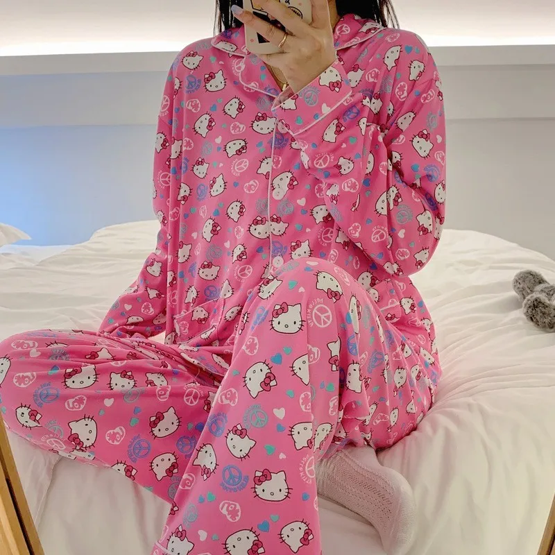 Sanrio Hello Kitty Cinnamoroll letné dlhé pyžamy pre ženy roztomilé karikatúra Loose Sleepwear Pyžamy