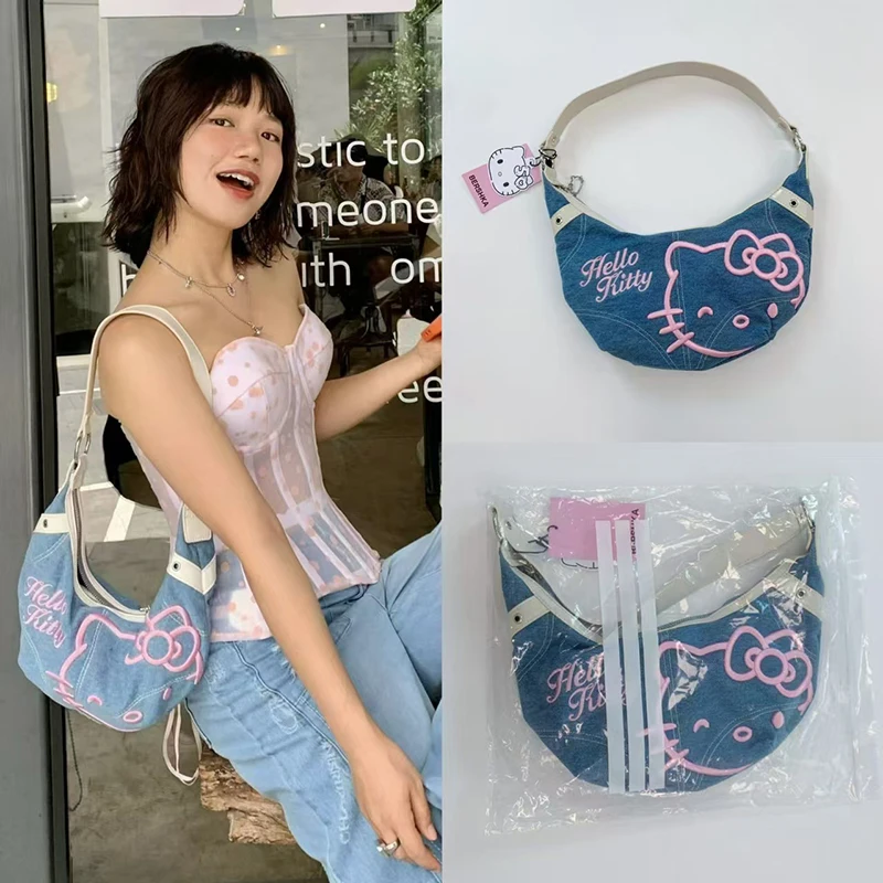Sanrio Hello Kitty Crescent Bag roztomilé ramenné tašky Cartoon výšivka tlač retro denim Half Moon Bag Veľká kapacita Darčeky