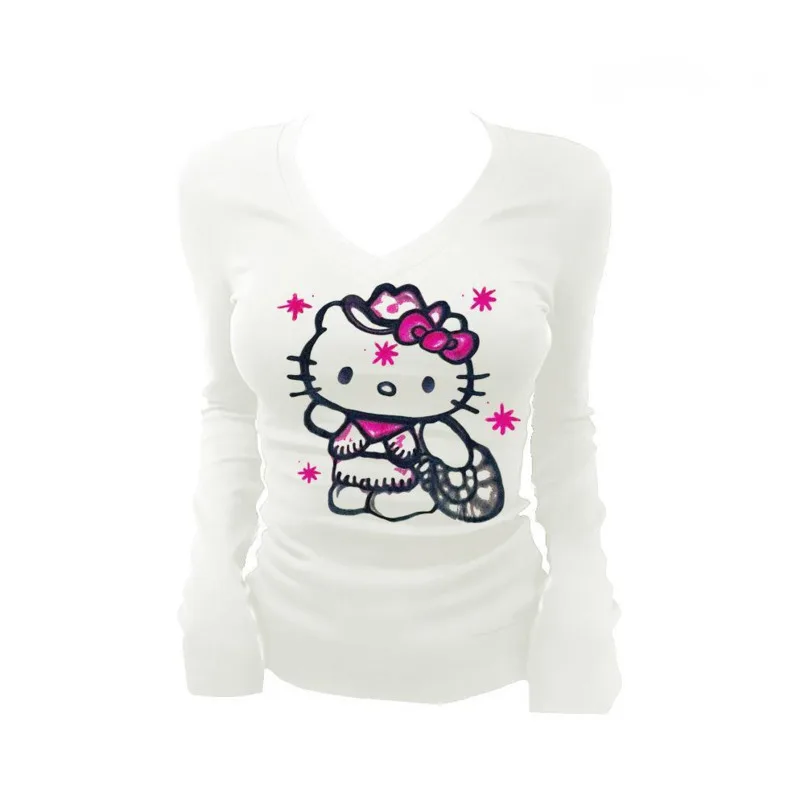Sanrio Hello Kitty Design Sense Niche V-Neck Tričko Korean Móda Móda jednoduché všestranné top y2k pikantné dievča New Slim Fit Tees