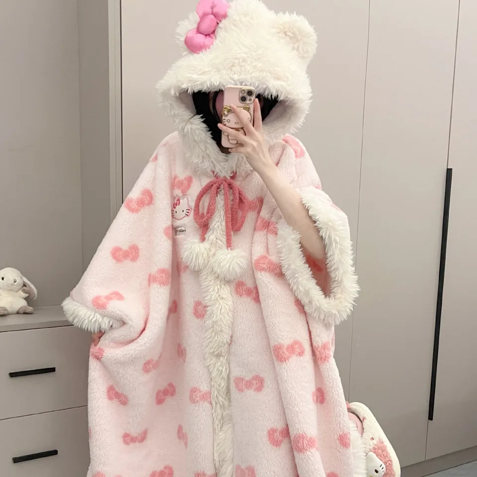 Sanrio Hello Kitty Dievčatá pyžamy rúcho zimné teplo koralové zamatové dámske domáce oblečenie Cape Set domáce oblečenie darčeky dovolenky