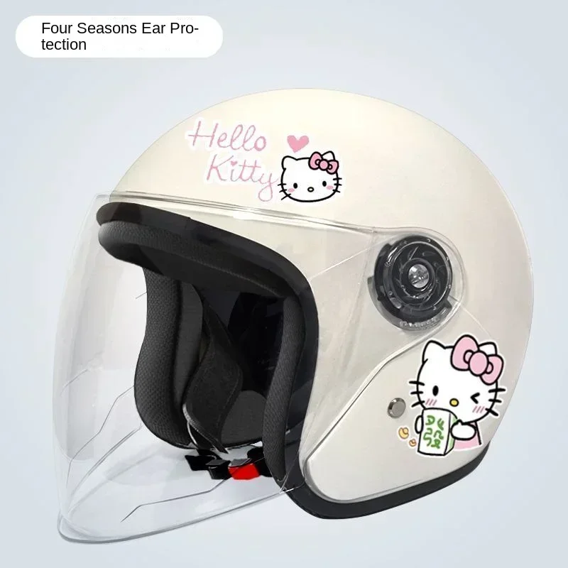 Sanrio Hello Kitty Electric Car Helma Žena 3C Dospelá prilba roztomilá s uši pádom a zimnou teplou dlhou šošovkou Helma vodotesná