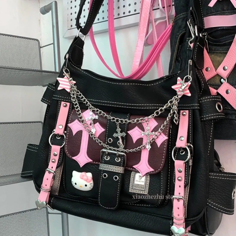 Sanrio Hello Kitty Gothic Punk Vintage Ružové krížové reťazce krížové tašky pre ženy Hračky Hot Girl Handbag Y2K Trend Trend Tack Darček