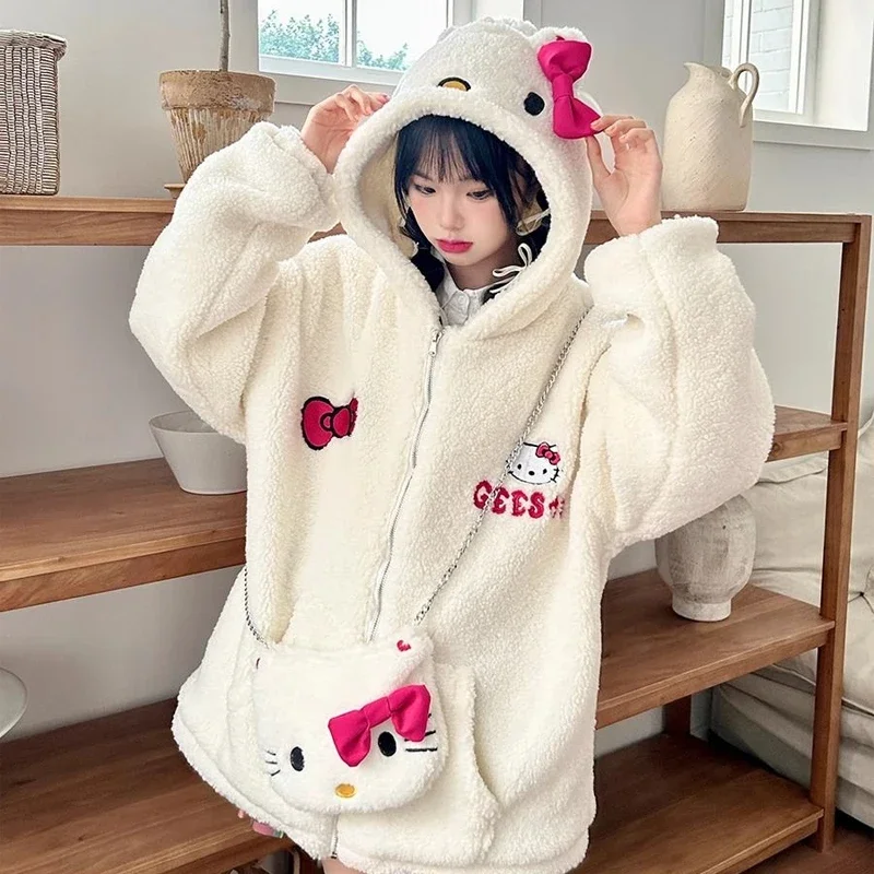 Sanrio Hello Kitty Kawaii s kabátom s kabátom sanrioed zimná karikatúra plus zamatové zahusťovanie plus zamata voľná bavlnená bunda