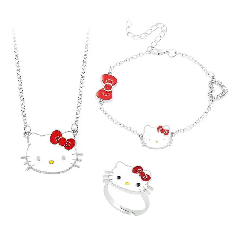 Sanrio Hello Kitty náramok roztomilý anime karikatúra Girls módny náhrdelník prsteň lesk šperky Trojdielne dovolenkové darčeky