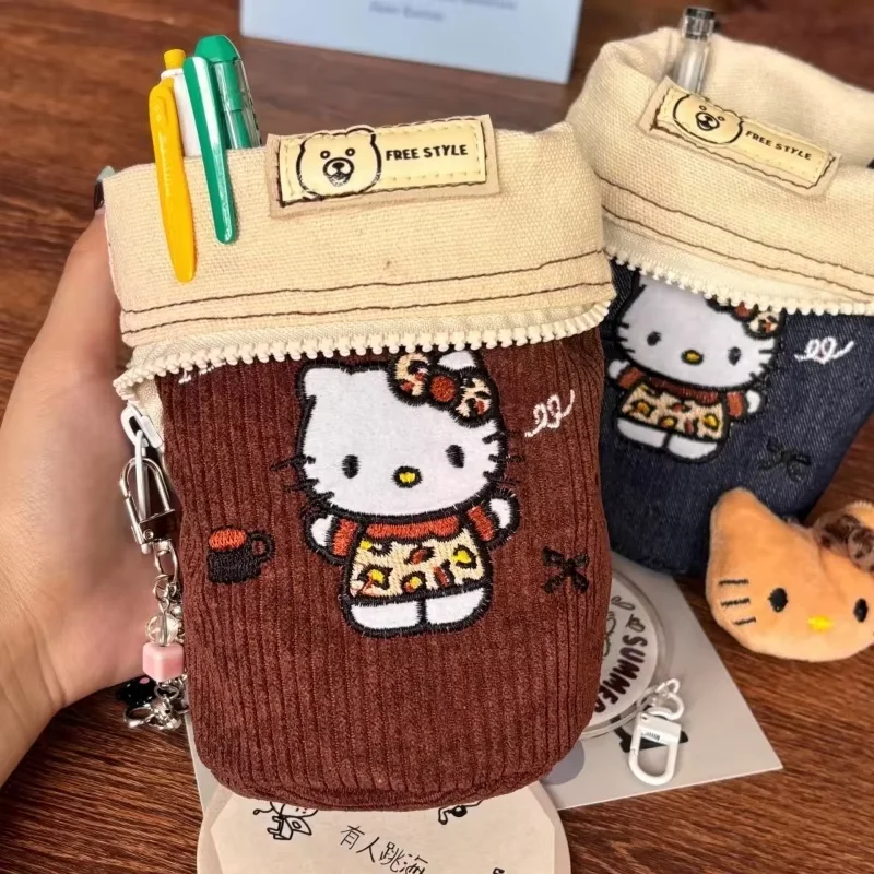 Sanrio Hello Kitty Pen Bag roztomilý anime y2k kovboj výšivky prenosné záhyby kancelárske potreby Cartoon Storage Storage Bag Darček