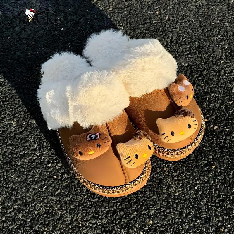 Sanrio Hello Kitty Plyšové papučky teplé zimné vnútorné hnedé papuče ploché neformálne nekĺzanie dievčenských domácich topánok Omerené bavlnené papuče