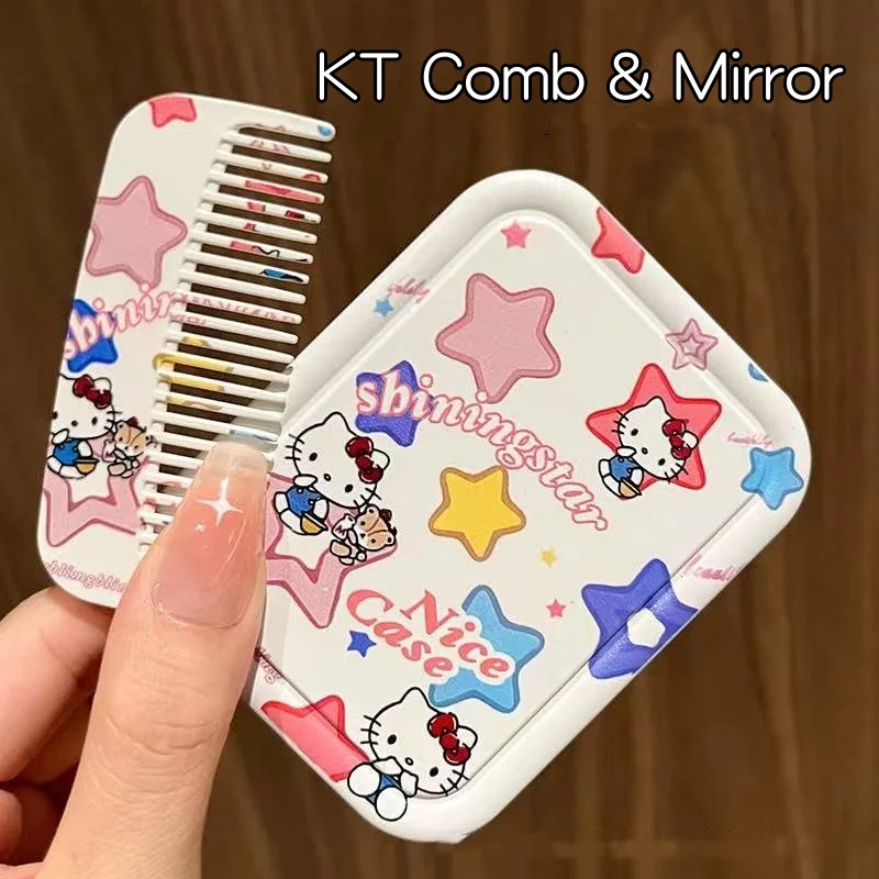 Sanrio Hello Kitty Prenosné zrkadlo a hrebeň Set Skladacia kreativita Študentské kreslené zrkadlo a vlasové hrebeňové vreckové zrkadlové darčeky