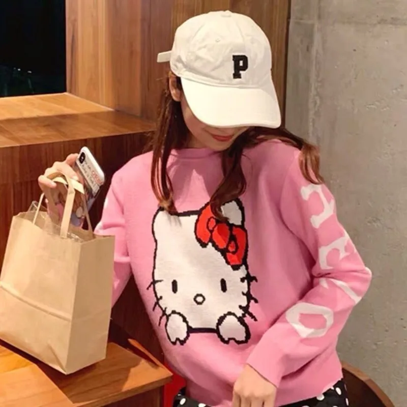 Sanrio Hello Kitty s dlhým rukávom pletené oblečenie módne plodiny dám