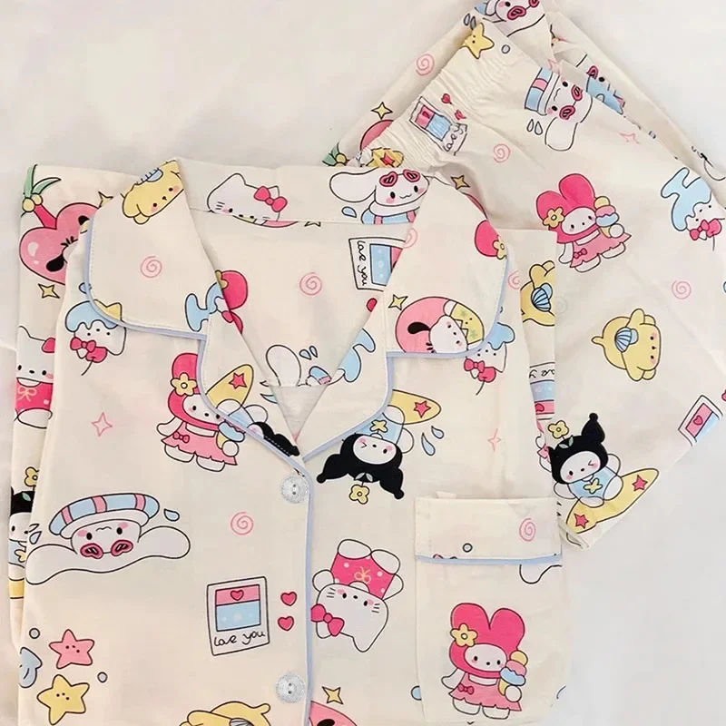 Sanrio Hello Kitty Spring a jesenné kreslené mlieko hodvábny klop Mardigan Homewear Melody Melody s dlhým rukávom pyžamá dámsky oblek pyžamá