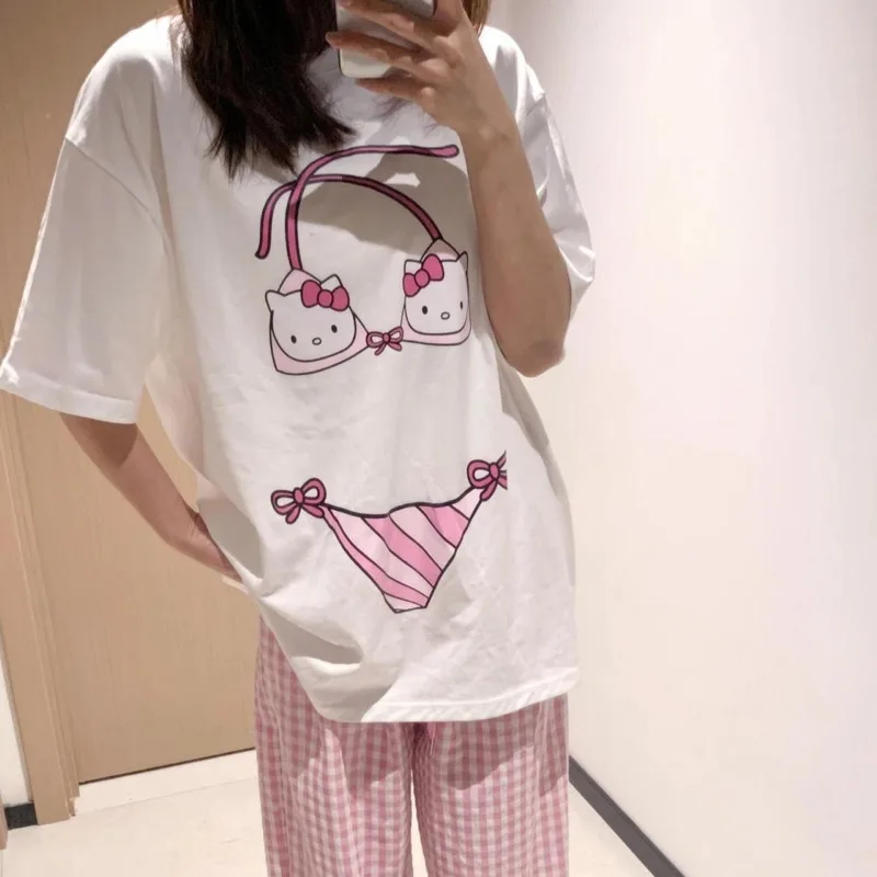 Sanrio Hello Kitty Summer Sladká čistá bavlna Tričko s krátkym rukávom