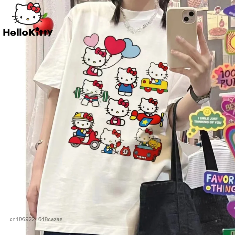 Sanrio Hello Kitty Tlačové tričká Y2K Karikačné oblečenie Žena Kórejský trend krátke rukávy Loose tričká