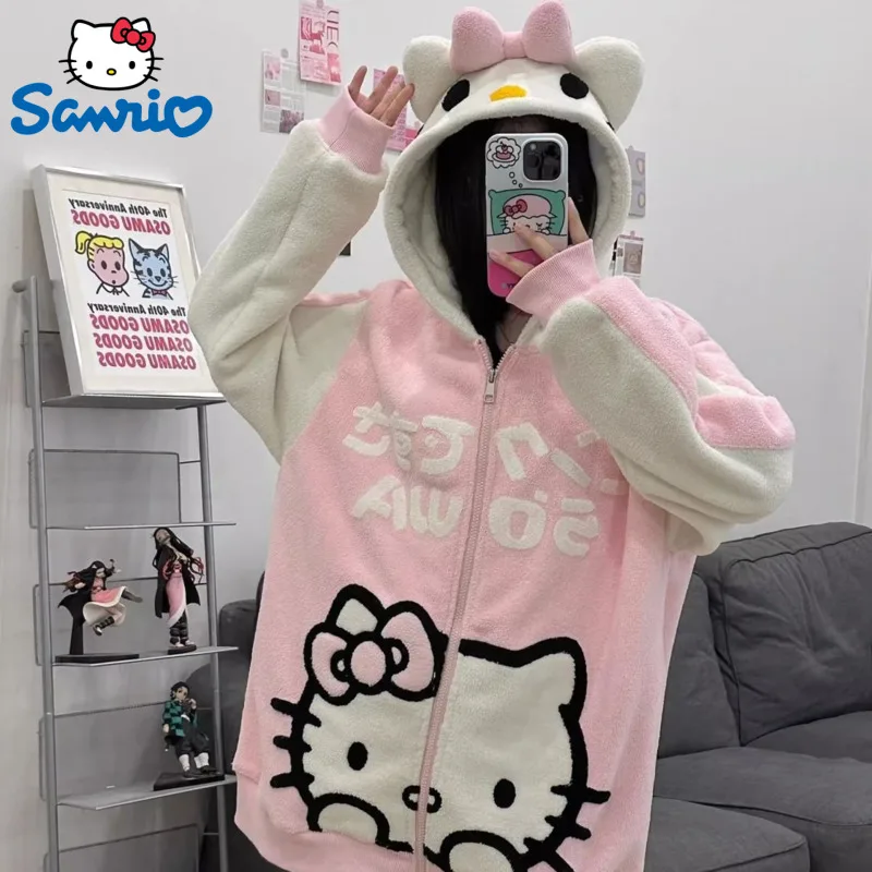 Sanrio Hello Kitty vyšívané kreslené kabáty s kabátom Y2K Sladké roztomilé zips-up pre ženy plyšové bavlnené trend husté oblečenie