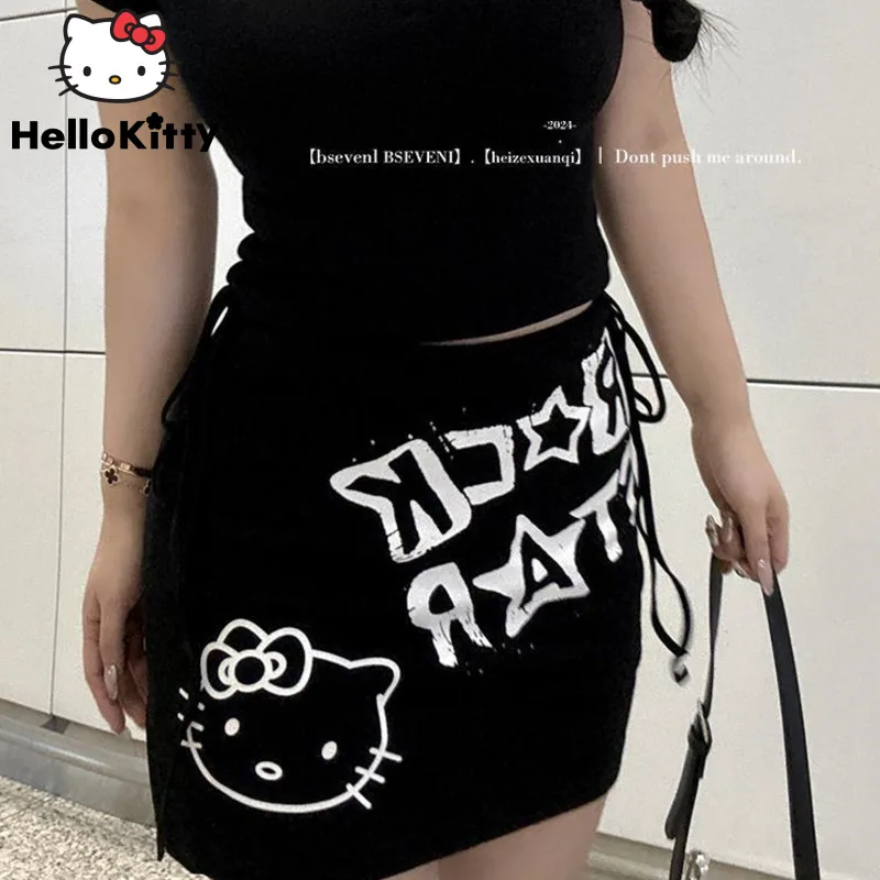Sanrio Hello Kitty Čierna nadmerná sukňa Ženy letné pikantné dievča A-line štíhle sukne y2k ženské koreanské štýly Trendy sukňa