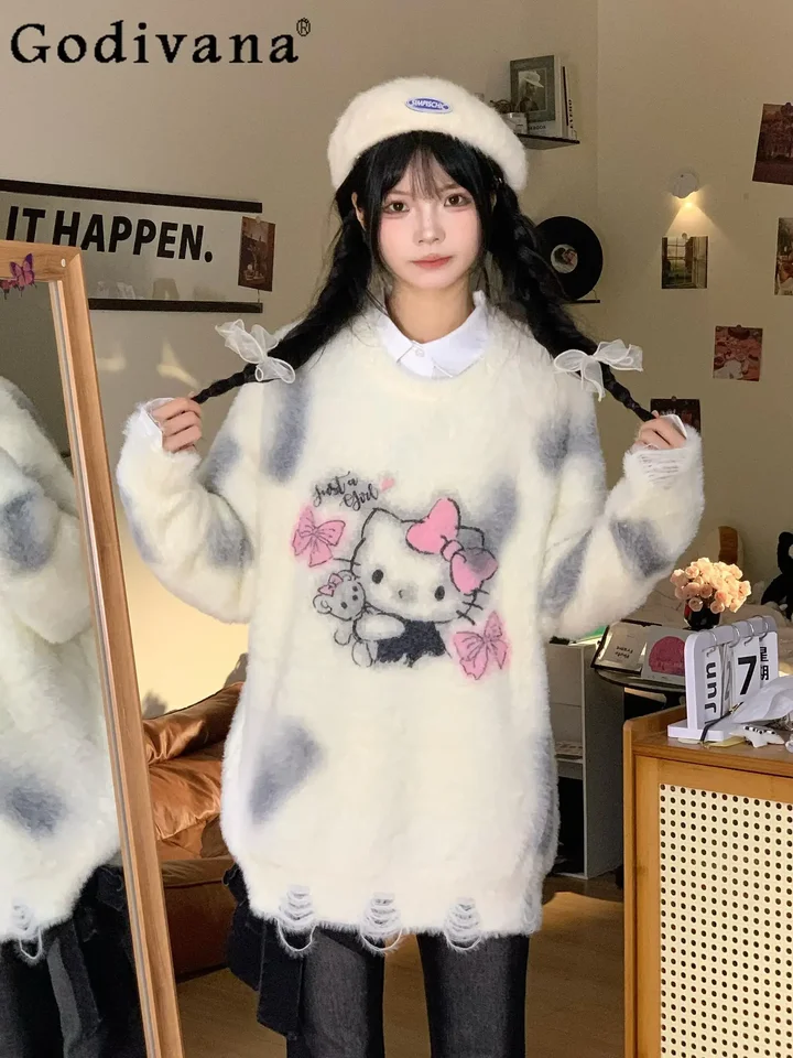 Sanrio Hellokitty Sweater Ženy na jeseň zima Mink zamat Sweet Cute Loose pletené pulloves študent Kawaii Sweatters Y2K Top